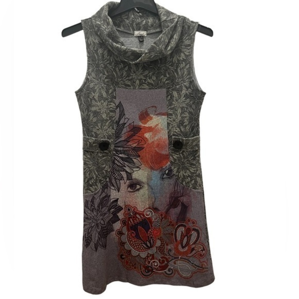 Mismash Women’s Sleeveless Gray Graphic Cowl Neck Dress Size M